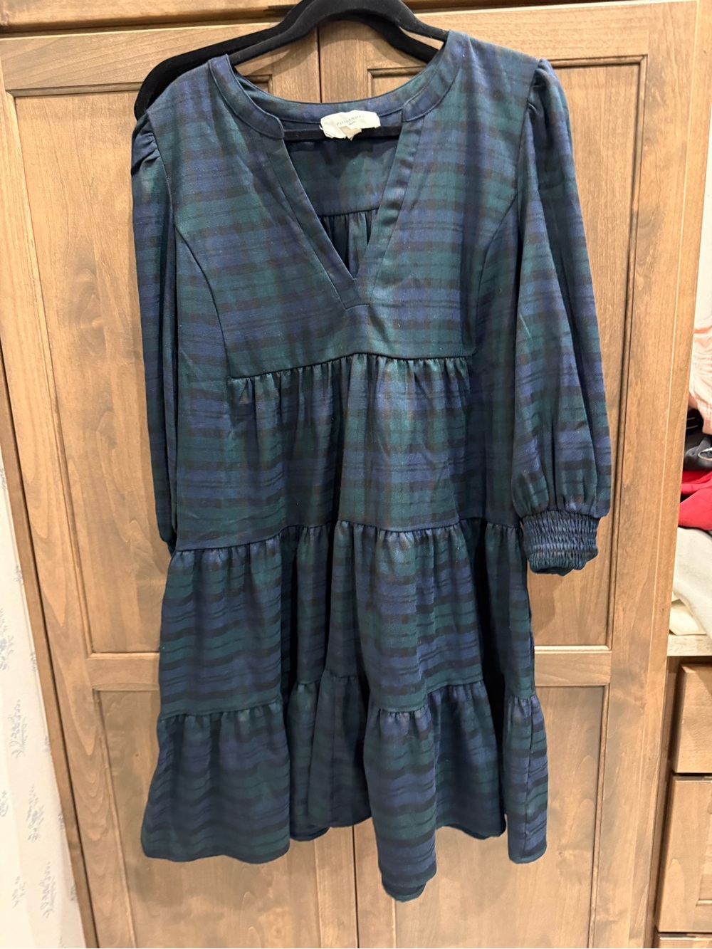 Tuckernuck Navy and Green Plaid Tiered V-Neck Mini Dress